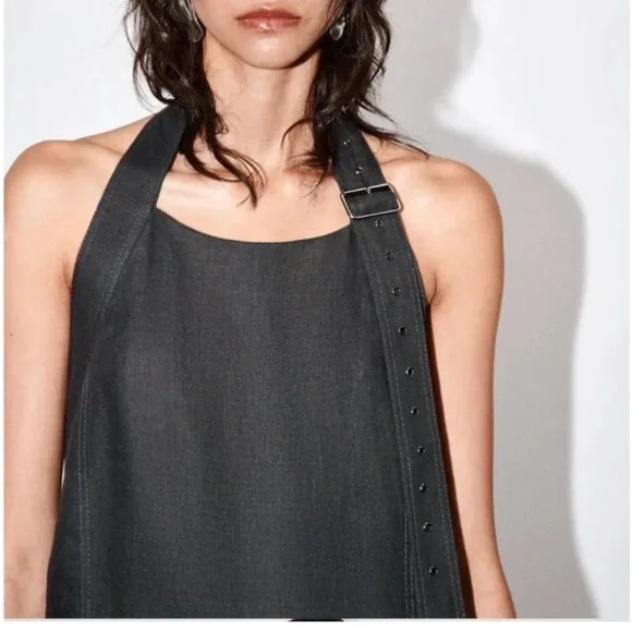 ZARA FW24 WOMAN MIDI 100%LINEN HALTERNECK DRESS OPEN BACK GREY M XL7892/736 NWT - Picture 4 of 8